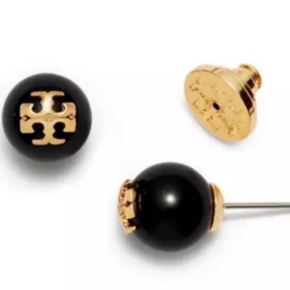 Tory Burch Evie gold logo black pearl earrings - Picture 3 of 7